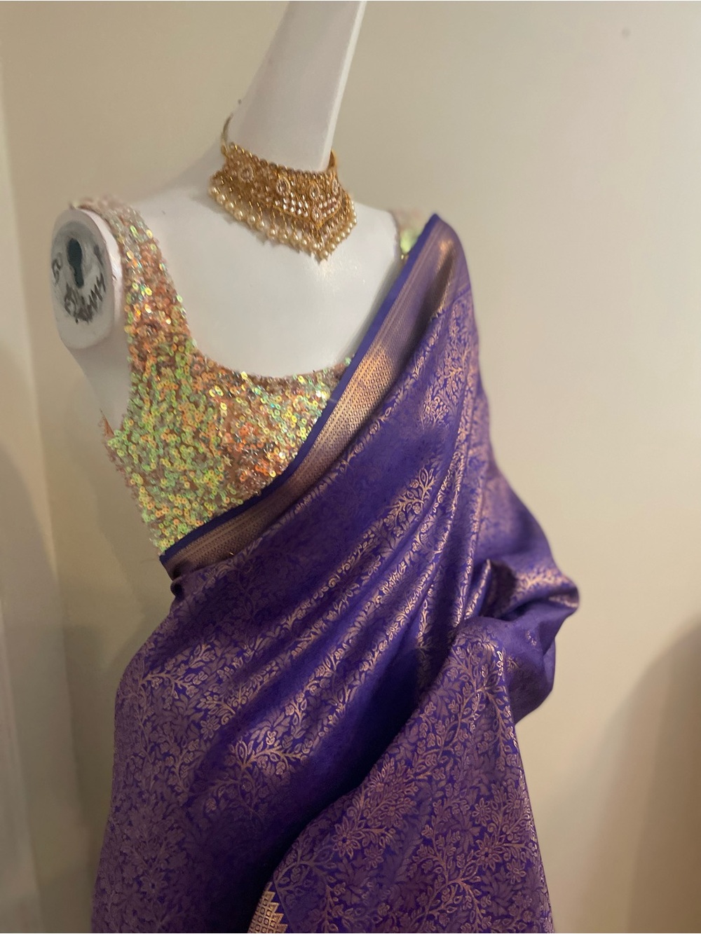 Premade Lavish Purple and Gold Woven Silk ready to wear Saree with Matching Blou - Picture 10 of 12